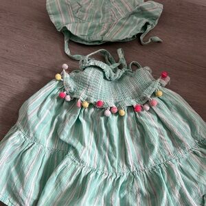 Tahari Green and Pink Striped Dress with Pom Poms and matching hat